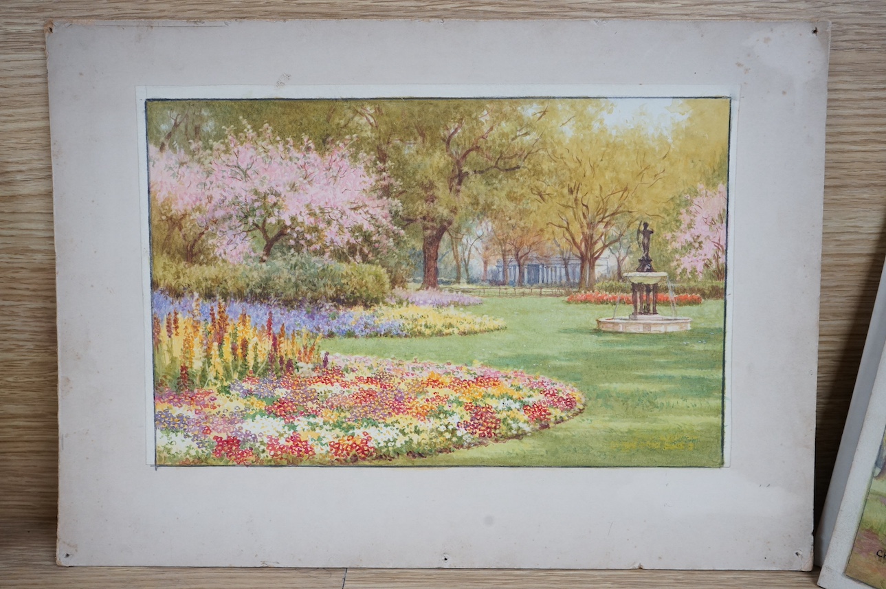 William Affleck, (Aka Carruthers, 1868-1943), a set of four original watercolours for post card designs, London parks and gardens comprising; ‘Regents Park’, ‘Hyde Park’, ‘Kensington Gardens’ and ‘Kew Gardens’, one signe